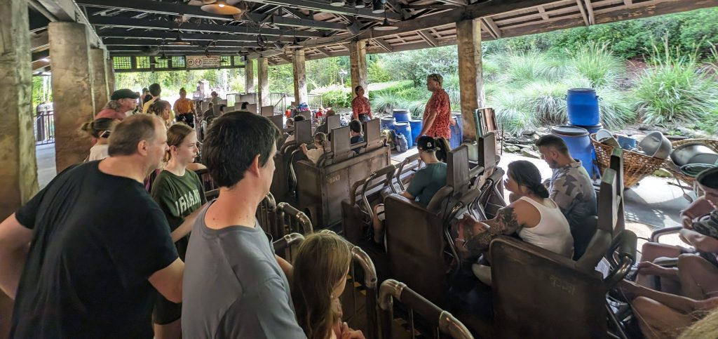 People standing waiting for the Expedition Everest ride at Animal Kingdom